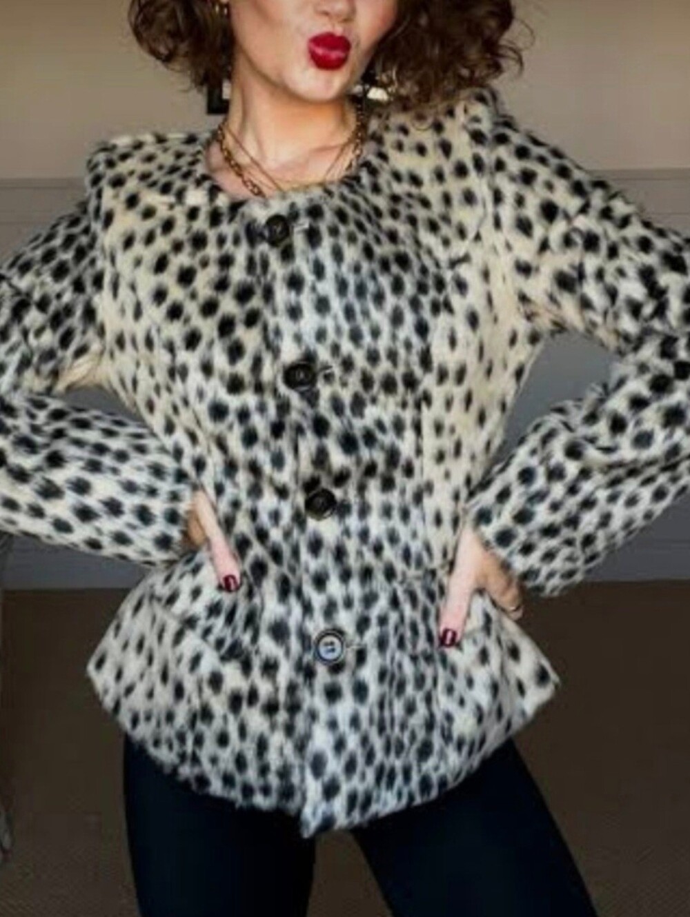 Faux Fur Spotted Leopard Print Cropped Jacket Women Round Neck Single Breasted